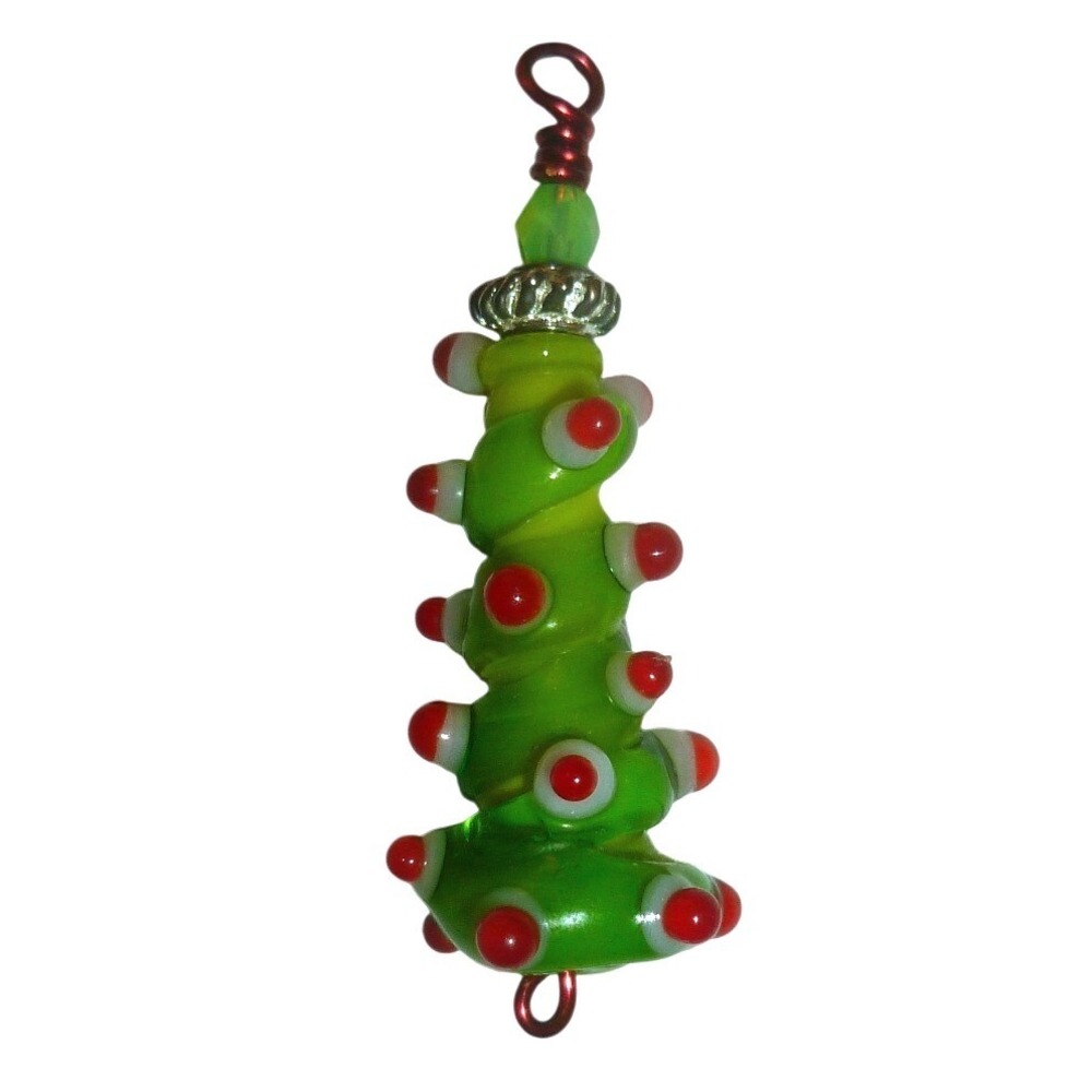 Lampwork Glass Christmas Tree Pendant‎ Charm Red White Ornaments Wire Wrapped